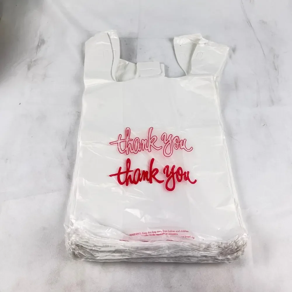 ULINE S-3632 Thank You Script T-Shirt Bags 12x7x22 .5 Mil 1000 Pcs White Red